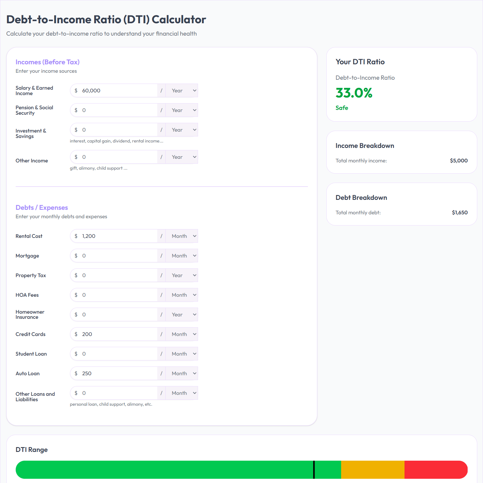 Debt to Income Calculator